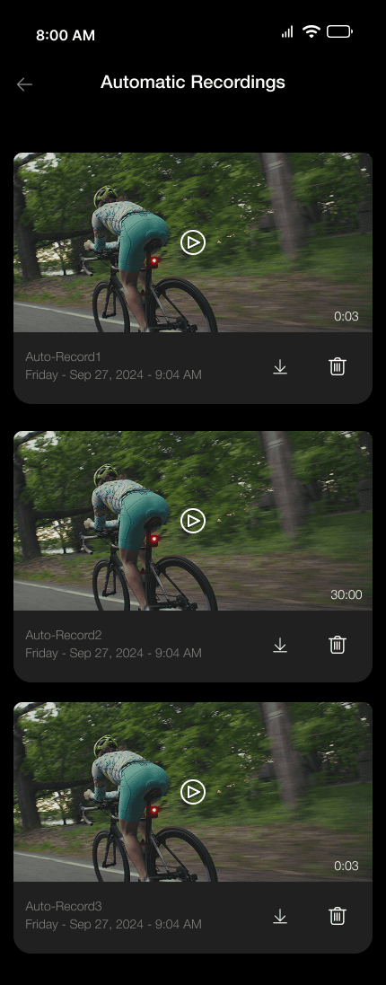 Finished Automatic Recordings list of saved clips.