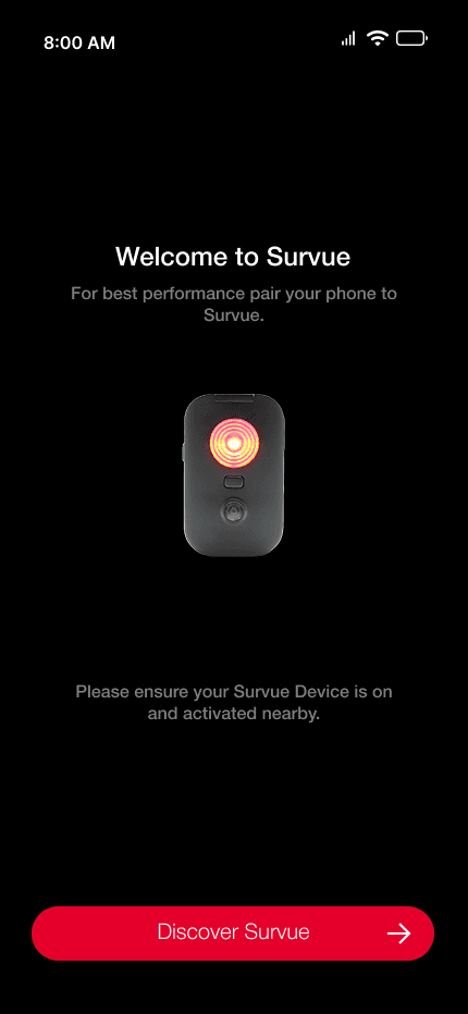 Finished device welcome screen inviting the rider to discover Survue.