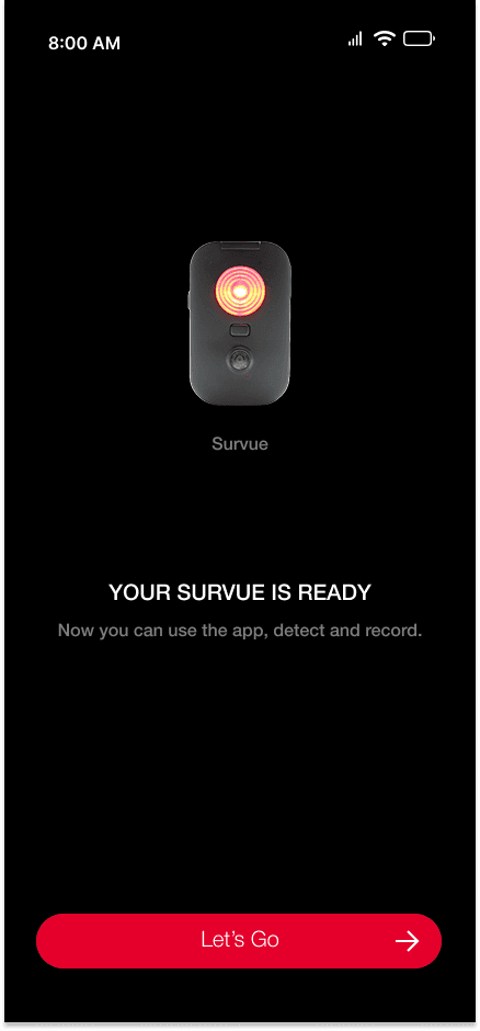 Finished pairing screen confirming that Survue is ready.