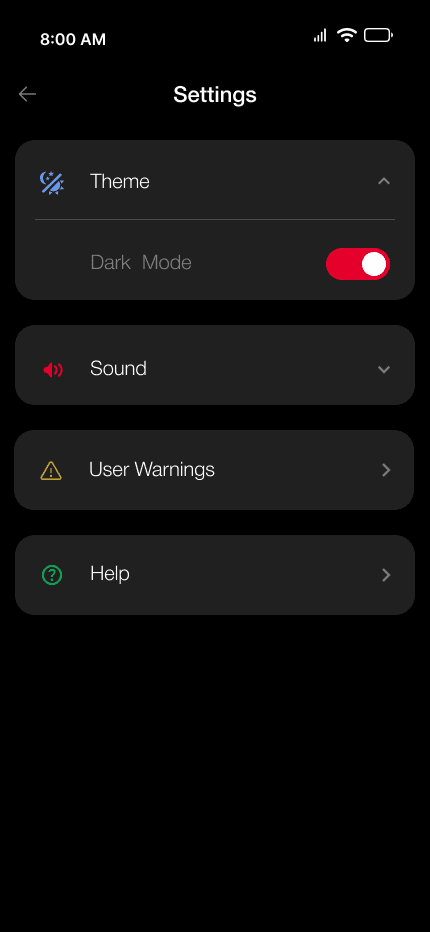 Finished Settings with Theme expanded and Sound and User Warnings visible.