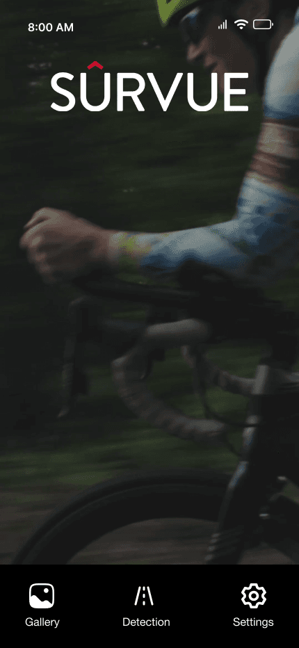 Finished Survue home with cycling imagery and Gallery, Detection, and Settings navigation.