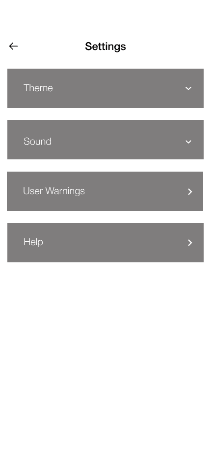 Early Settings wireframe with theme, sound, warnings, and help.