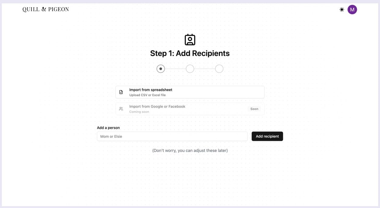 Quill & Pigeon recipient setup with spreadsheet import alongside manual entry.