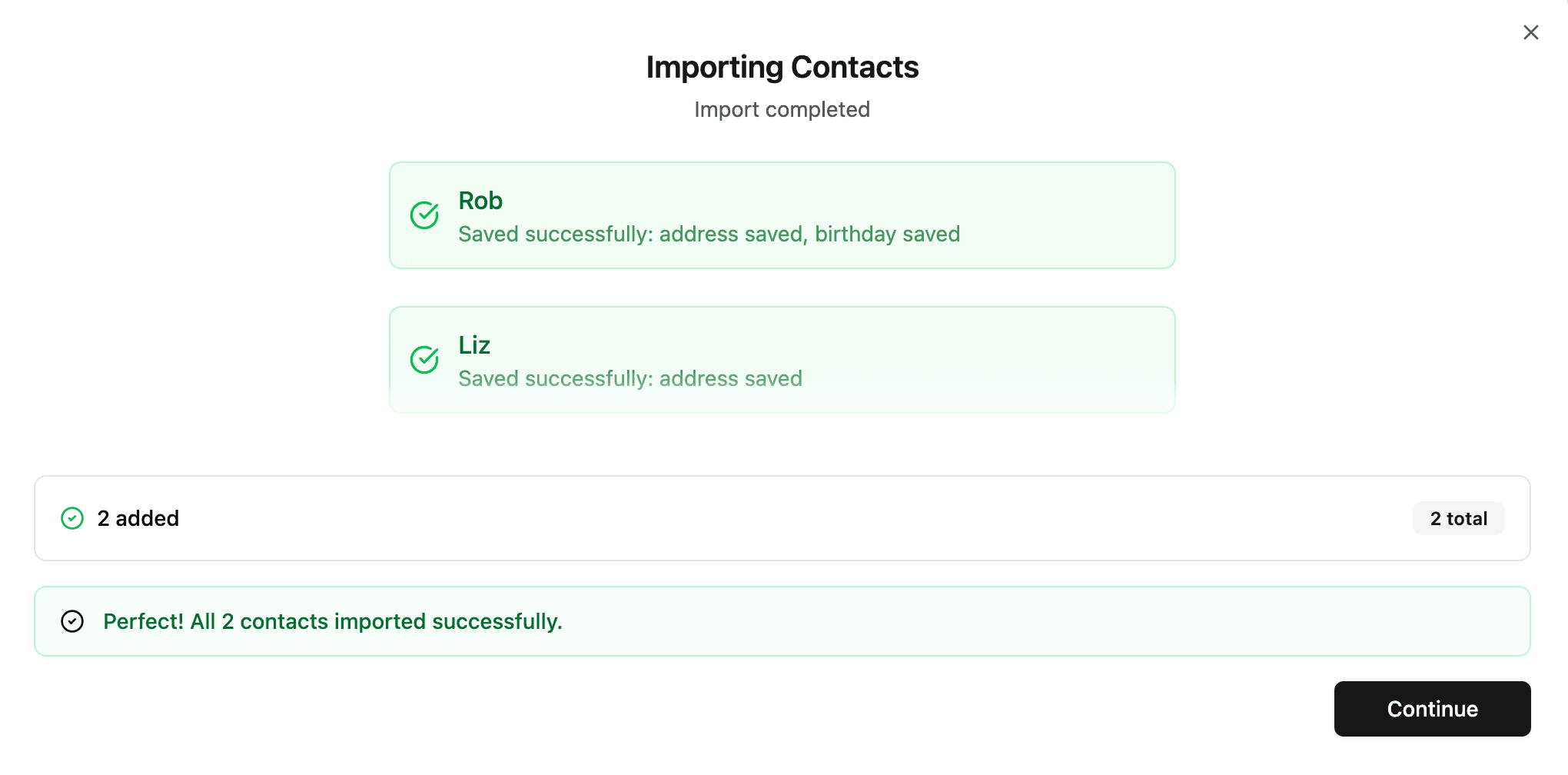 Import-complete dialog listing two saved contacts and confirming that both were added.