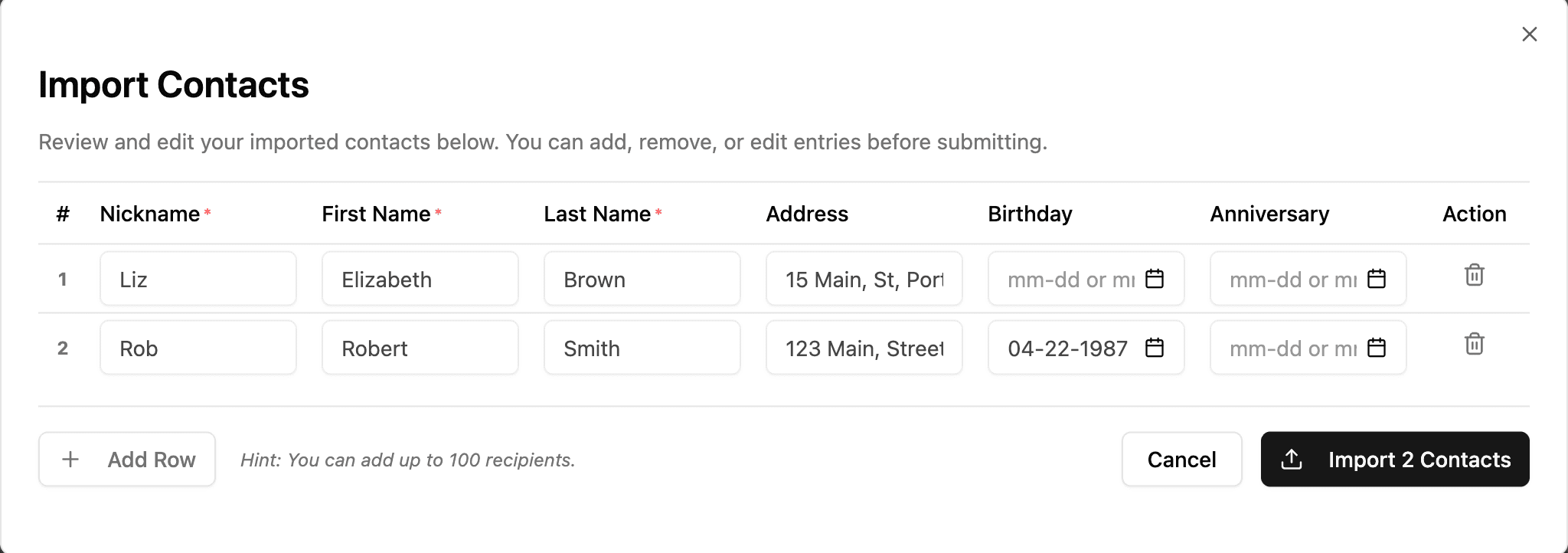 Editable review table showing two parsed contacts and an Import 2 Contacts action.