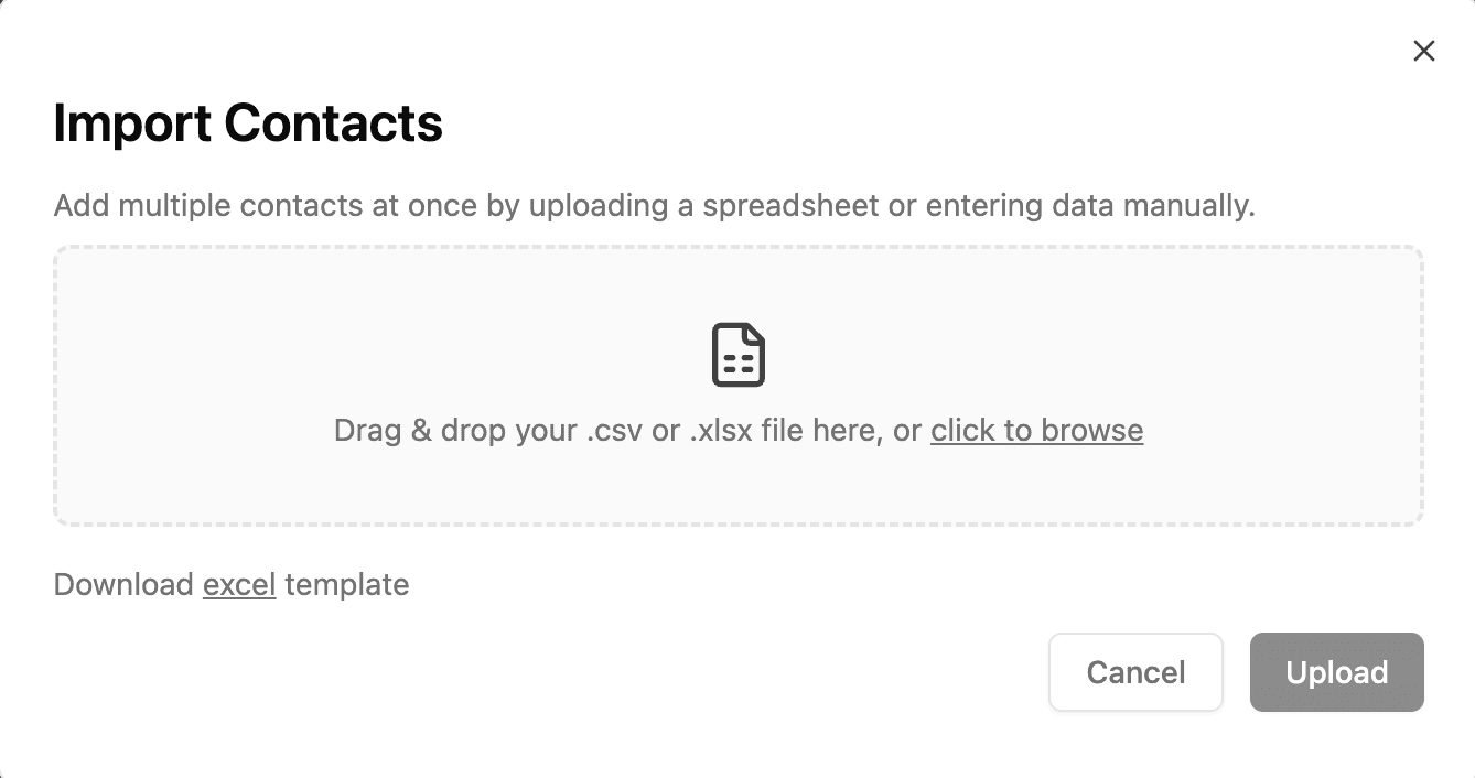 Import Contacts dialog with a CSV or XLSX drop area and template download link.