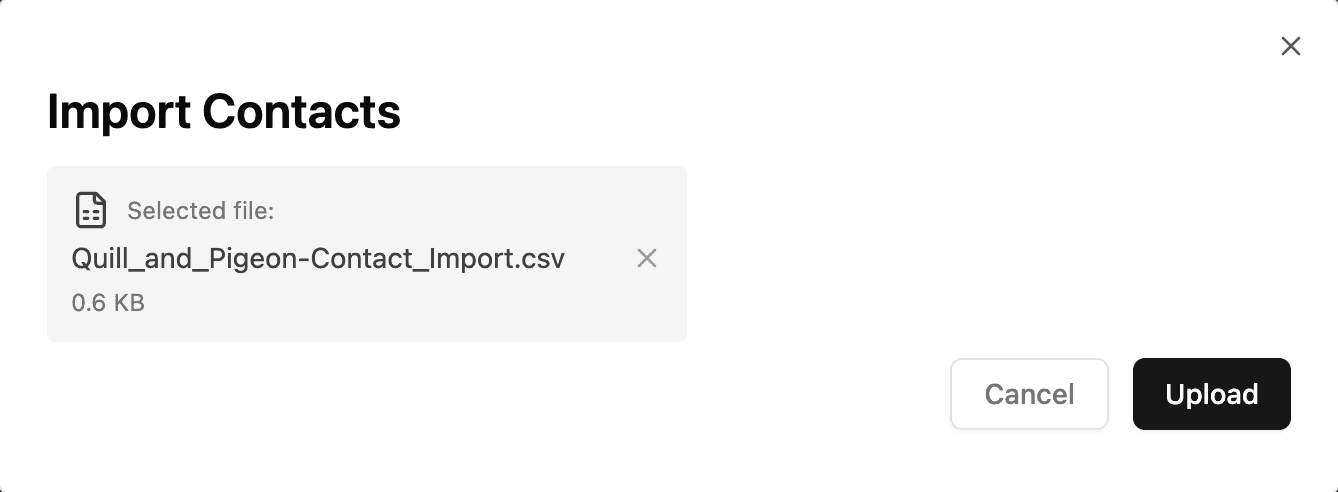 Import Contacts dialog showing the selected spreadsheet before upload.