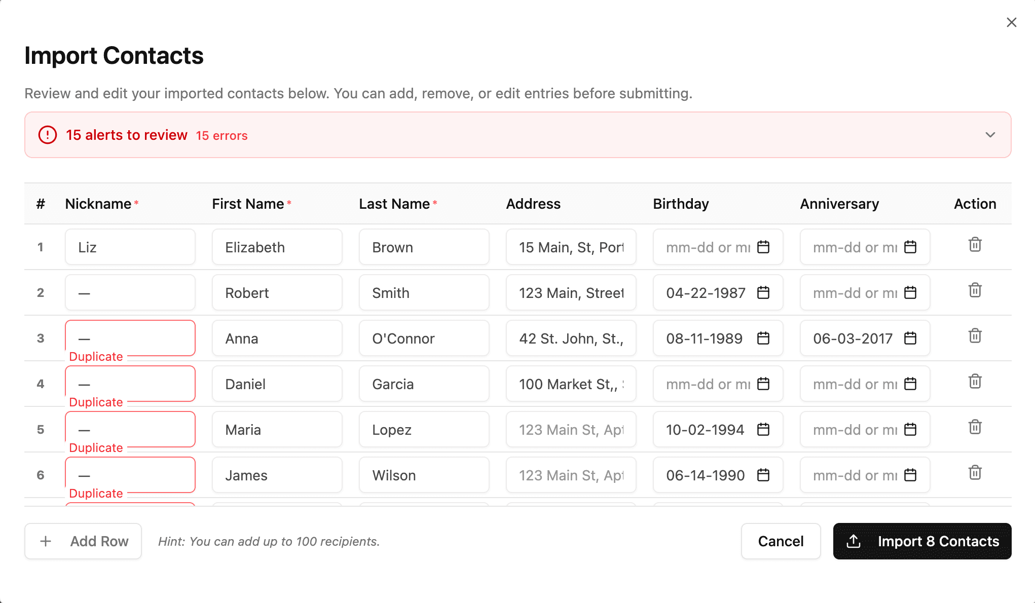 Review table with a 15-alert summary and duplicate-nickname errors beside affected fields.